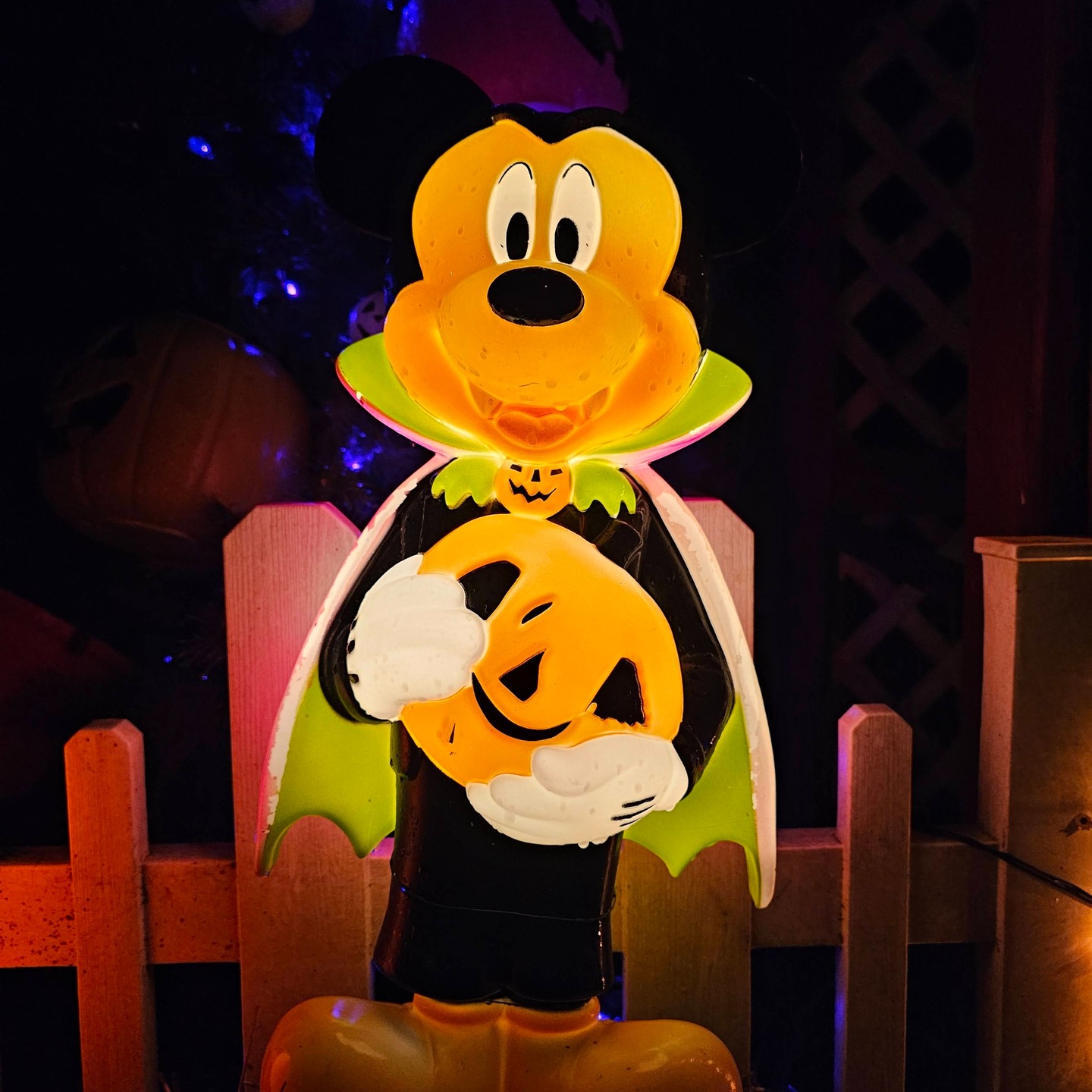 Vampire Mickey Mouse glowing Halloween blow mold holding a jack-o-lantern